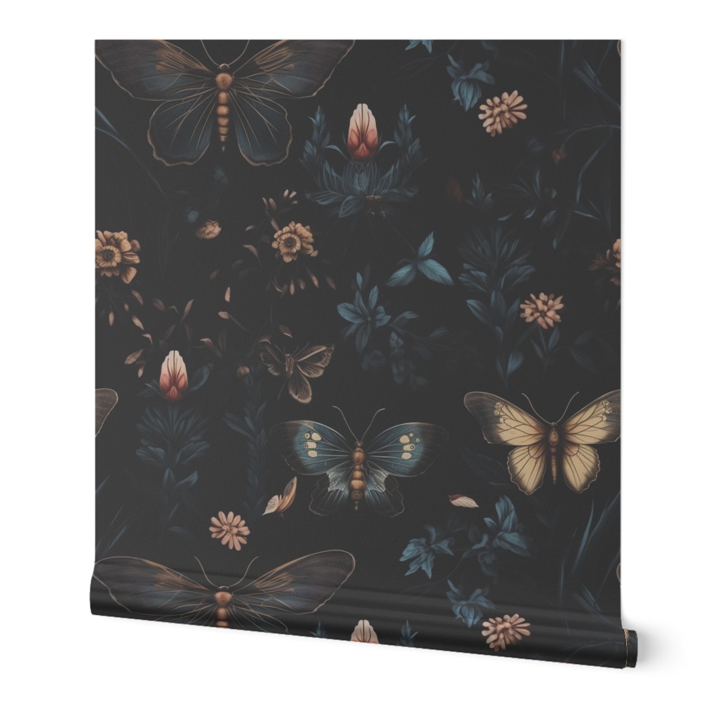 Dark Academia Moody Gothic Motif Floral Wallpaper Vintage Black  (25)