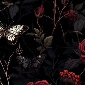 Dark Academia Moody Gothic Motif Floral Wallpaper Vintage Black  (22)