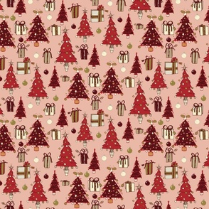 medium christmas trees and presents in red, gold and cream