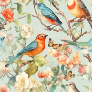 Vintage flowers,apple blossom,birds,butterflies,robin bird,roses,
