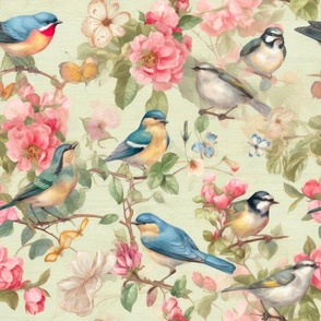 Vintage flowers,birds,robin,apple blossom butterflies