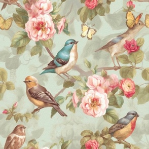 Vintage flowers,birds,robin,apple blossom ,butterflies