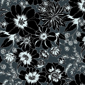 Western gothic Black and white floral hand drawn Big scale lush flowers in dark tones