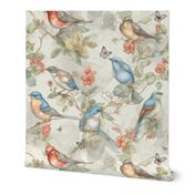 Blue birds,vintage flowers,robin,apple blossom ,butterflies