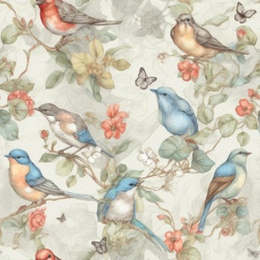 Blue birds,vintage flowers,robin,apple blossom ,butterflies