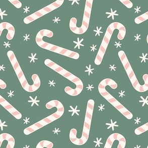 Candy canes pink/white, stars on green 6x6
