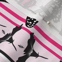 Butterflies with Hibiscus Flowers Stripes (pink, gray/ grey, black, white striped.) Medium Scale (MED12)