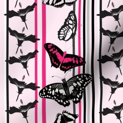 Butterflies with Hibiscus Flowers Stripes (pink, gray/ grey, black, white striped.) Medium Scale (MED12)