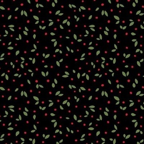 Minimalist scandinavian abstract Christmas theme mistletoe petals and berries red olive green on black SMALL