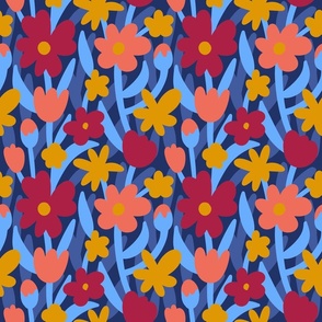 Red Yellow & Orange Flowers on Blue Background