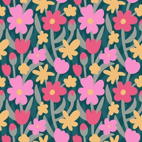 Bold Pink & Yellow Flowers on Emerald Green Background