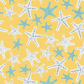 White and aqua star fish on yellow background - large