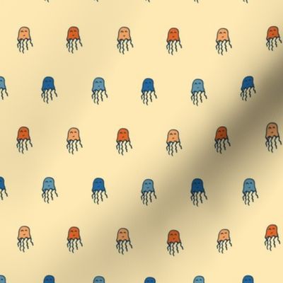 Funny red and blue jellyfish on yellow background - small