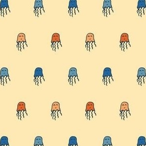 Funny red and blue jellyfish on yellow background - small