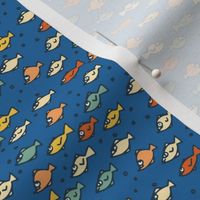 Colourful quirky fish on sapphire blue background - small