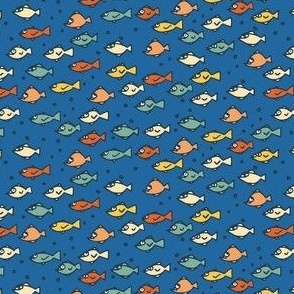 Colourful quirky fish on sapphire blue background - small