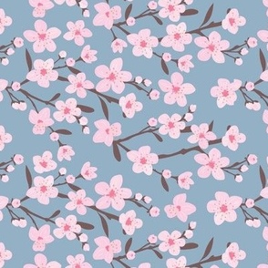 Romantic cherry blossom - springtime in Japan flowers and branches pink brown on moody blue 