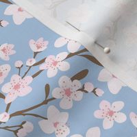 Romantic cherry blossom - springtime in Japan flowers and branches white pink on baby blue 