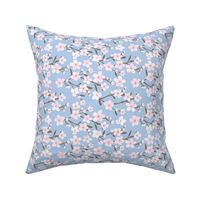 Romantic cherry blossom - springtime in Japan flowers and branches white pink on baby blue 