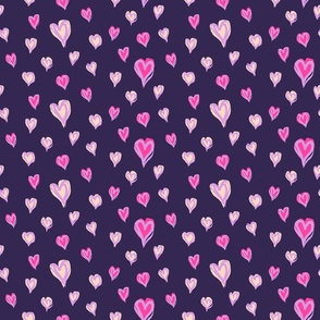 Pink hearts hand painted surface on purple background
