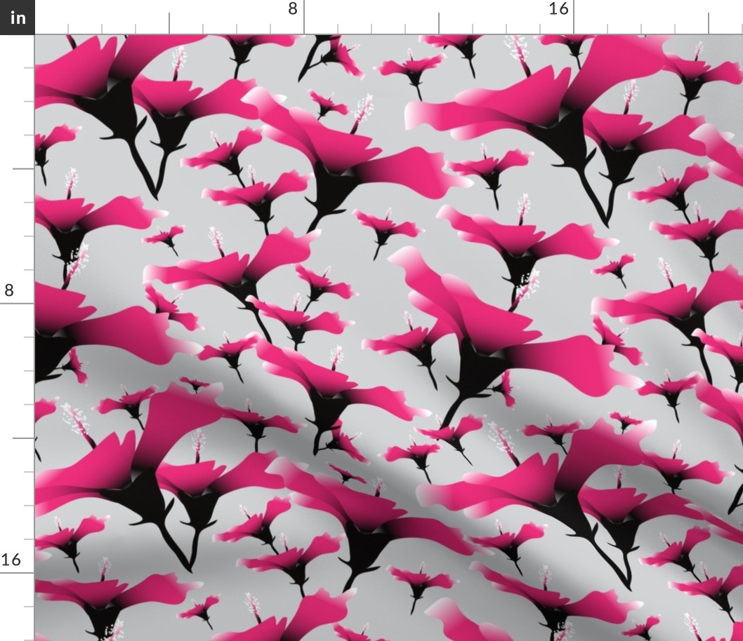 Bright Hot Pink, Black & White Hibiscus Floral on Gray/ Grey. Medium Scale (MED12) Designed by Jenny Pearce ©