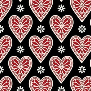 (M) Black forest hearts folk art style black white red