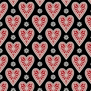 (L) Black forest hearts folk art style black white red
