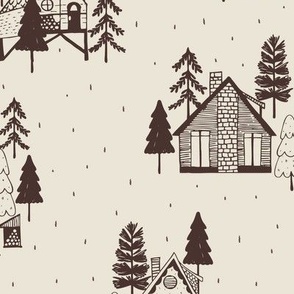 Cozy Cabins in the woods |Brown and Cream| Detailed line art sketch style