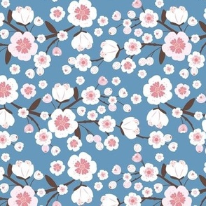 Tokyo Springtime cherry blossom - traditional sakura flowers and branches white pink on moody blue  