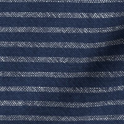Navy and White Chambray Stripe (large scale) | Navy blue and white stripes on a chambray pattern, dark blue and white French ticking, weave pattern for upholstery, rustic decor and apparel.