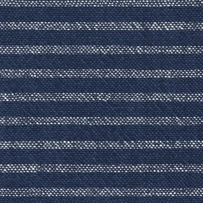 Navy and White Chambray Stripe (large scale) | Navy blue and white stripes on a chambray pattern, dark blue and white French ticking, weave pattern for upholstery, rustic decor and apparel.