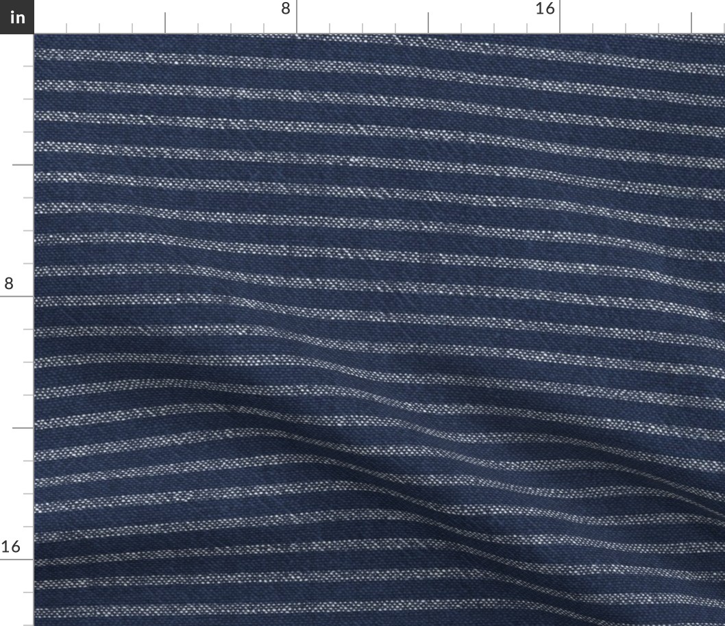 Navy and White Chambray Stripe (large scale) | Navy blue and white stripes on a chambray pattern, dark blue and white French ticking, weave pattern for upholstery, rustic decor and apparel.