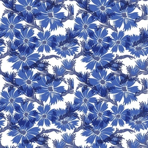 Blue Flower Burst Vintage Retro Modern Navy Blue And White Cottagecore Garden Floral Silhouette Shadow Flower Scandi Swiss Pattern