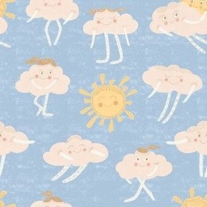 Medium cute happy sun & clouds walking together in chalk art style on blue
