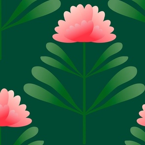 0007a/M Pink Peony Flower on DArk Green- Art Deco style (Medium)                               
