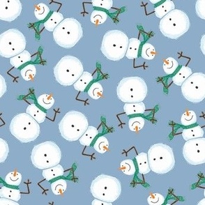 Winter Christmas happy snowmen green scarf on cornflower blue SMALL