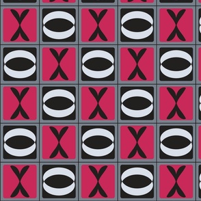 Hugs and Kisses on a Tic Tac Toe Grid in Fuchsia, Light Gray, Black for Valentine's Day