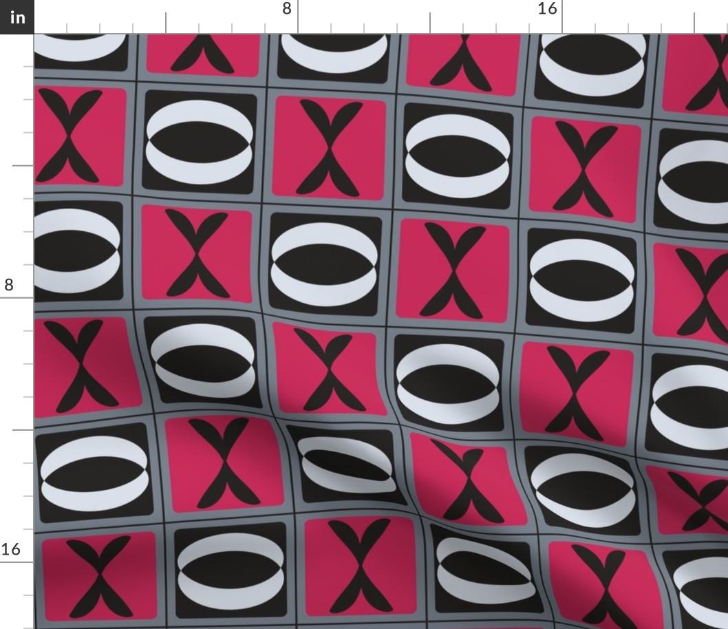 Hugs and Kisses on a Tic Tac Toe Grid in Fuchsia, Light Gray, Black for Valentine's Day