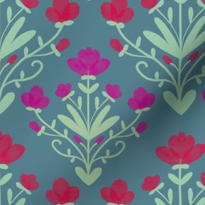 Pink flower damask on teal grey blue background.