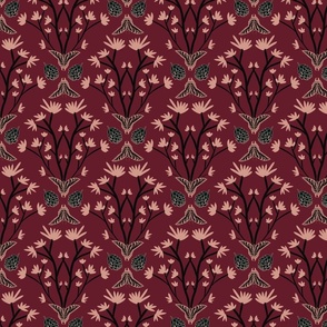Butterflies and thistle flowers on wine red background.