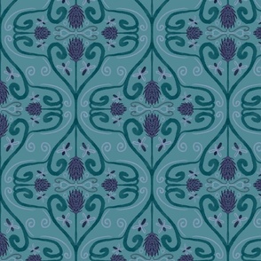 Purple thistle and dragonflies on dark teal background.