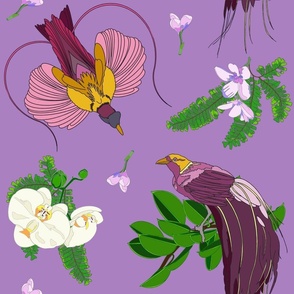 Birds of Paradise with Flowers & Foliage on Lavender - Half-drop
