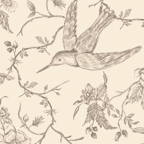 French Country Vintage Birds and Roses_Taupe Gray Brown_Large