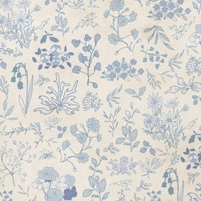A sweet and nostalgic pattern of small wildflowers in dusty and light blue