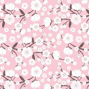 Tokyo Springtime cherry blossom - traditional sakura flowers and branches white ivory brown on pink 