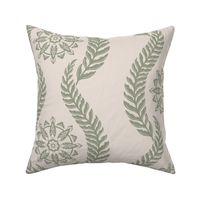 Coastal Chic - wavy botanical stripe with seaweed and nautical circle medallions  - Lichen green on white coffee, dusty white - large