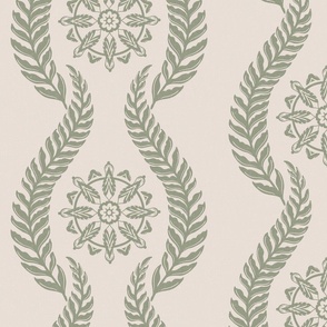 Coastal Chic - wavy botanical stripe with seaweed and nautical circle medallions  - Lichen green on white coffee, dusty white - large