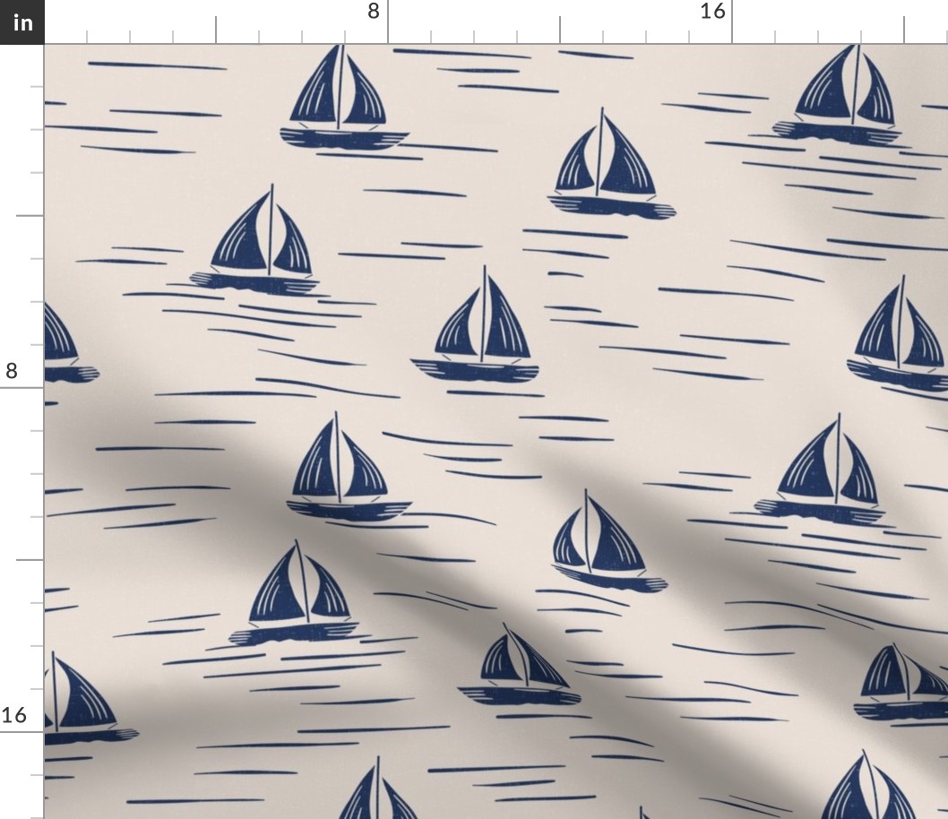 Coastal Chic - Lake Life boats on the water - Classic Navy on white coffee, dusty white - large
