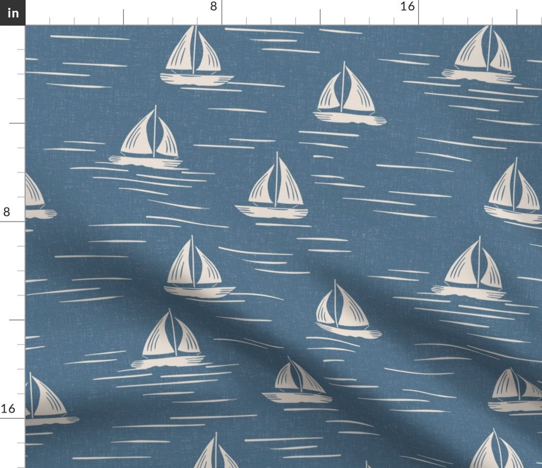 Coastal Chic - Lake Life boats on the water - white coffee on Admiral Blue, french blue - large