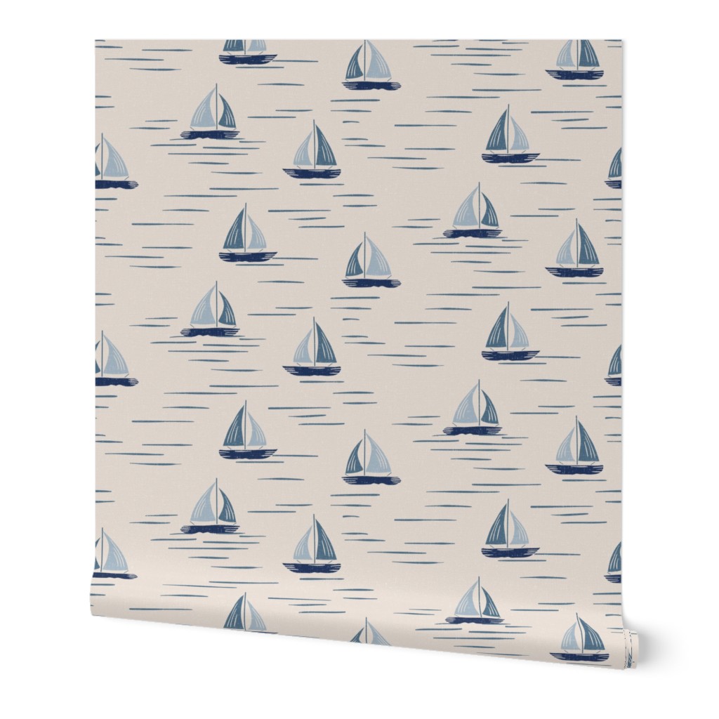 Coastal Chic - Lake Life boats on the water - classic navy, admiral blue on white coffee, dusty white - large